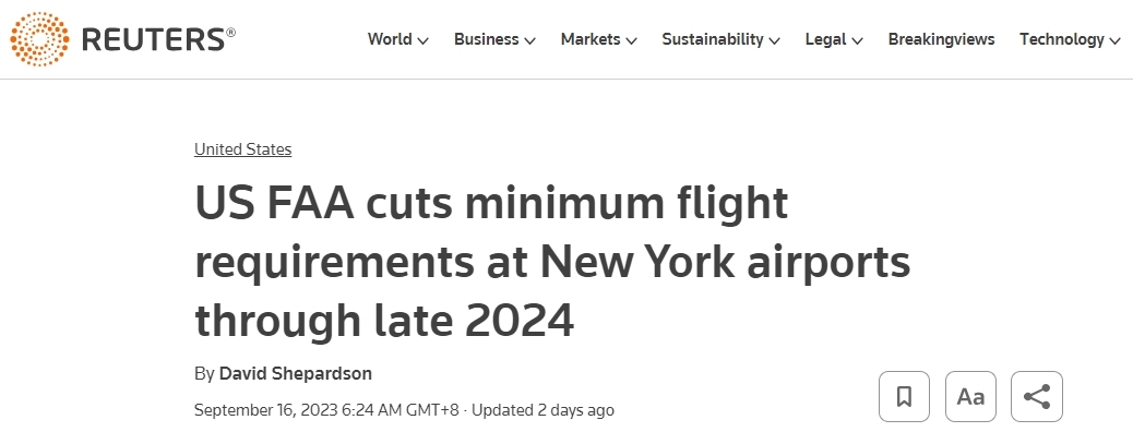 FAA将纽约地区机场最低航班要求削减期限延长至2024年末
